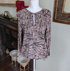 Karen Kane Women's Medium Pink Black Zebra Blouse Top Tie Neckline 133
